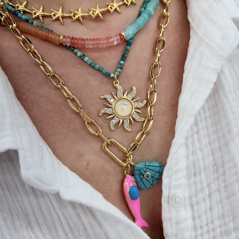 14k Gold Plated Sun Pendant With Opal Effect Center And Clear Crystals