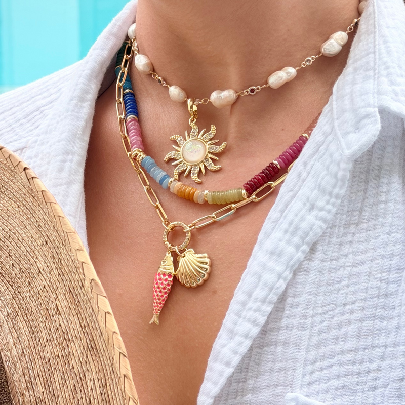 Gold Rigid Fish Pendant – Blue & Pink