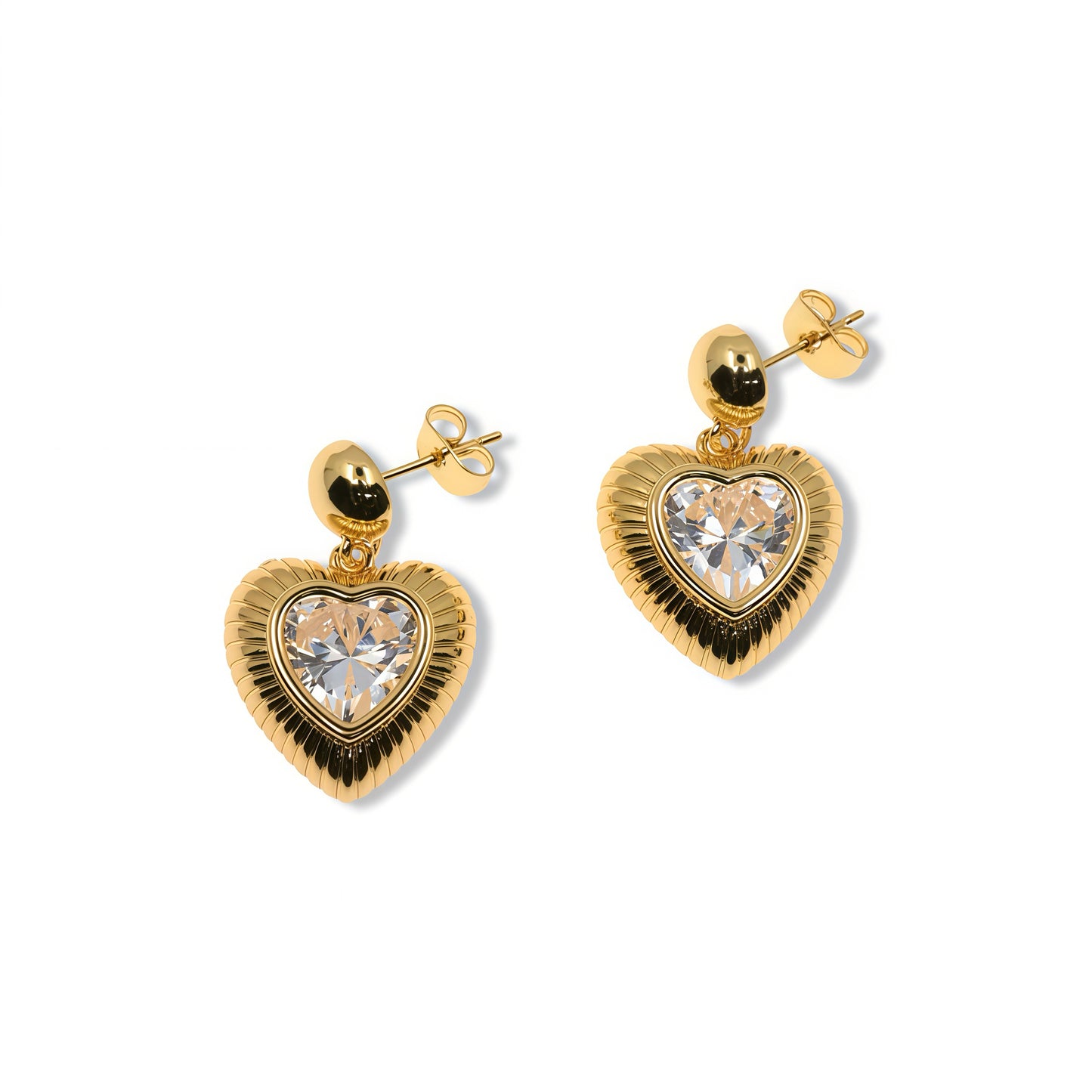 RIBBED GOLD HEART EARRING WITH ZIRCONIA