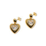 RIBBED GOLD HEART EARRING WITH ZIRCONIA