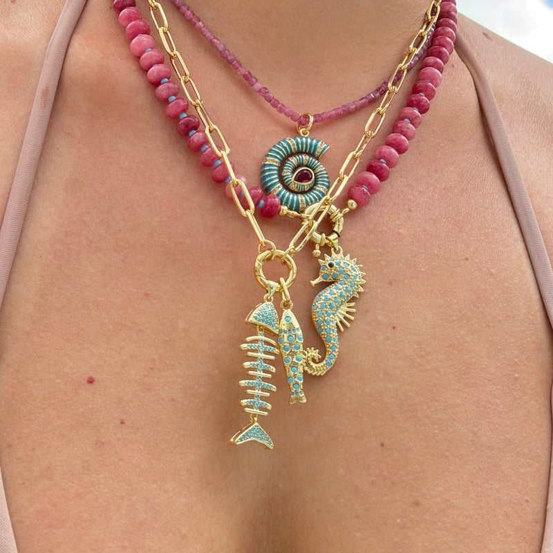 Golden Fish Bone Pendant with Turquoise Spine Details