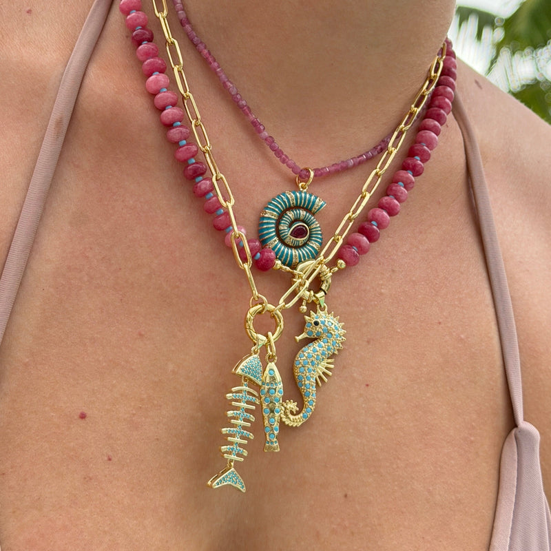 Mini Golden Fish Pendant with Turquoise Details