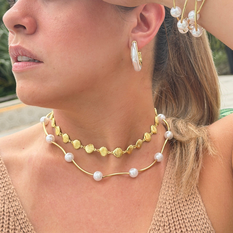Gold Pearl Bar Necklace with Extension Chain
