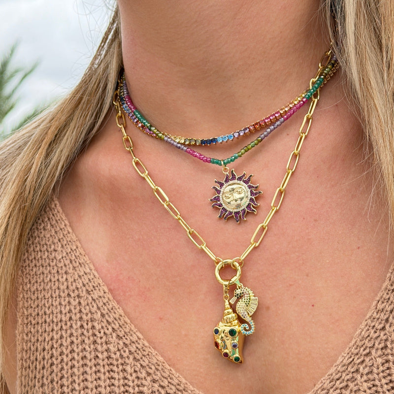 Golden Sun Face Pendant with Fuchsia Pavé Rays