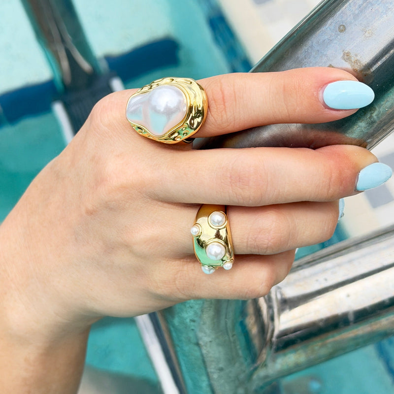 Wide smooth gold ring with mini pearls – adjustable design