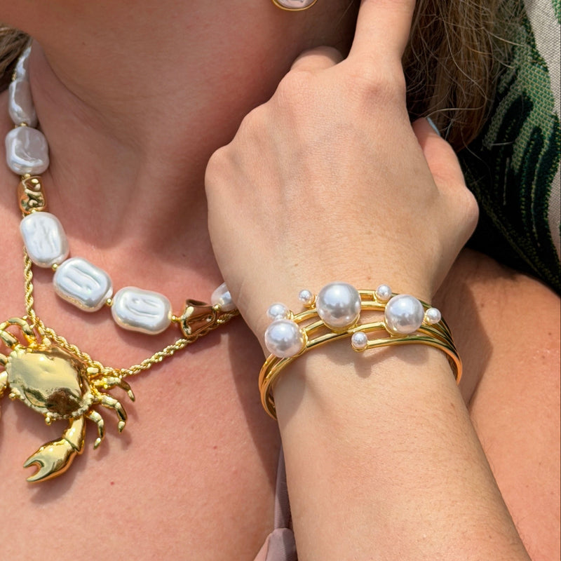 Gold Pearl Open Bangle Bracelet
