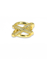 Large Gold Ring with Crisscross Pavé Lines – Adjustable Design