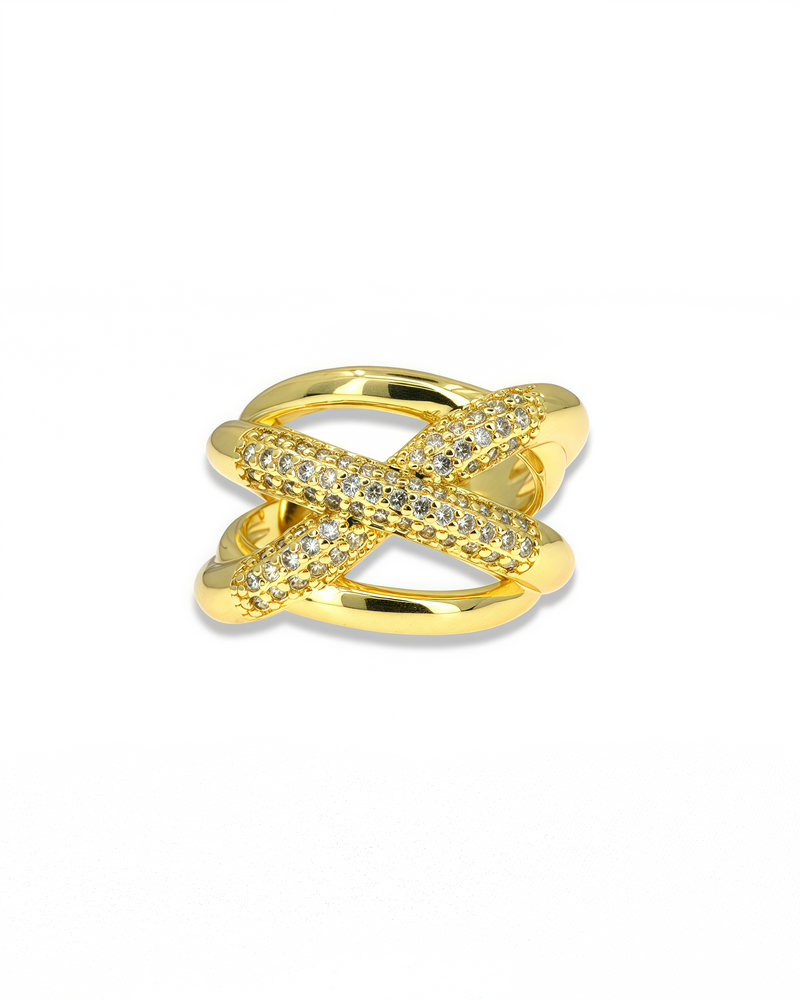 Large Gold Ring with Crisscross Pavé Lines – Adjustable Design