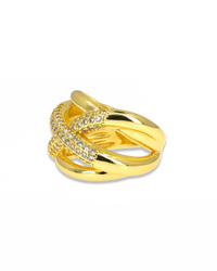 Large Gold Ring with Crisscross Pavé Lines – Adjustable Design