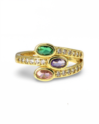 Triple Oval Multicolor CZ Ring with Split Band Pavé Accents – Adjustable