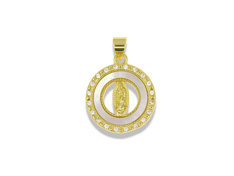 Mini Our Lady of Guadalupe Pendant with Mother of Pearl & Pavé Border