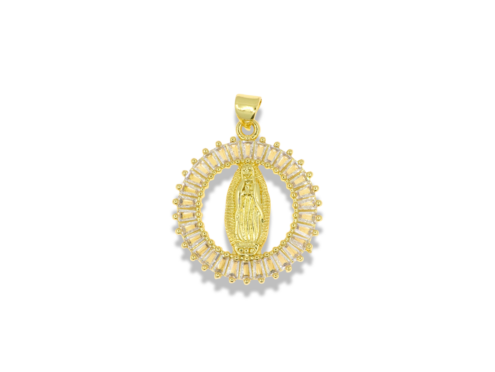 Gold Our Lady of Guadalupe Pendant with Baguette Crystals