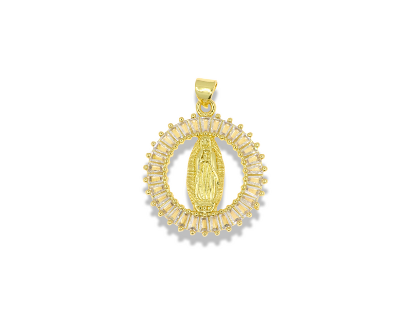 Gold Our Lady of Guadalupe Pendant with Baguette Crystals
