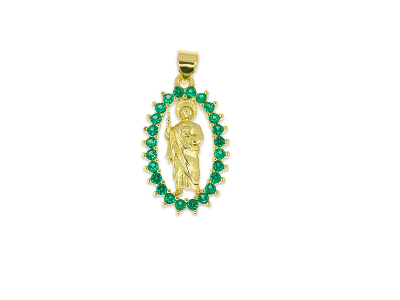 Saint Jude Thaddeus Pendant with Green Crystal Border