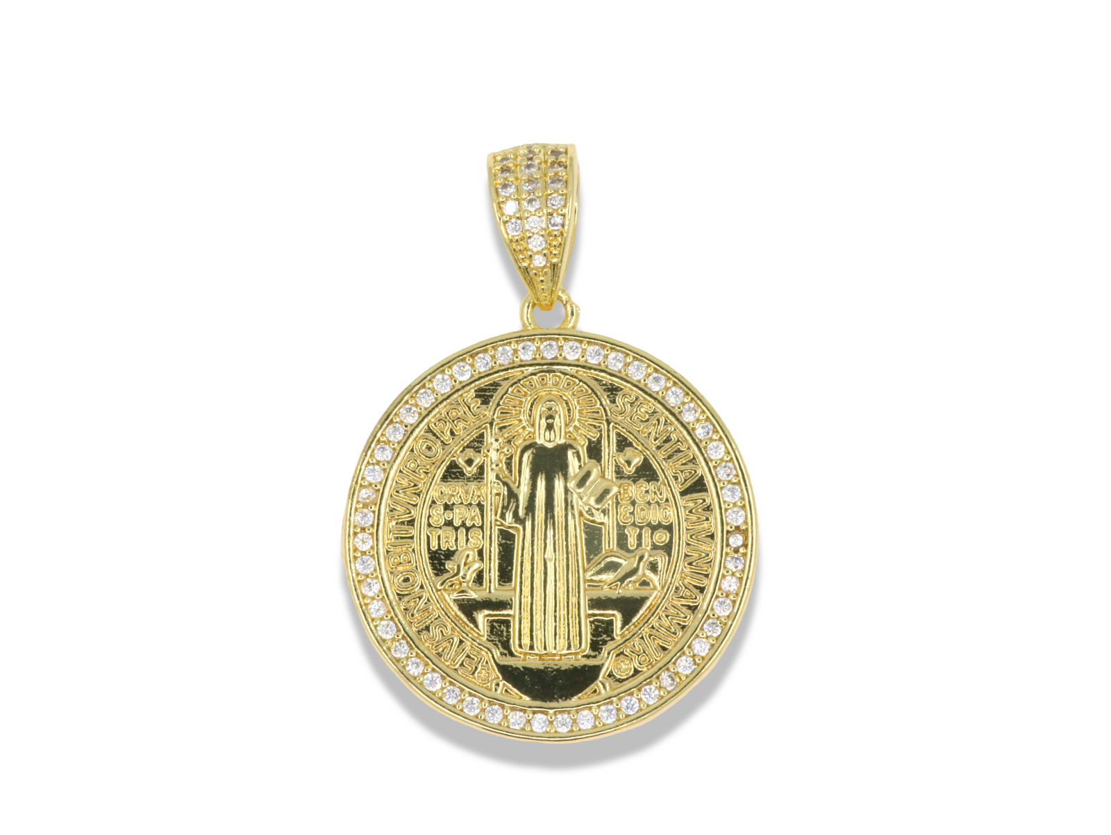 Gold Saint Benedict Locket Pendant with Pavé Border