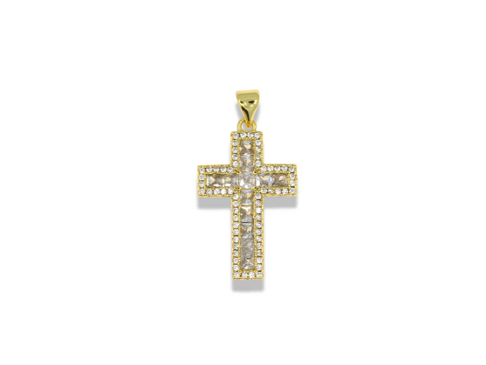 Gold Cross Pendant with Pavé Border & Square Crystals