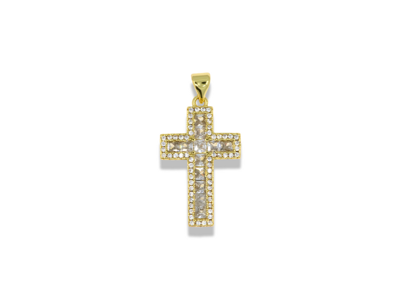 Gold Cross Pendant with Pavé Border & Square Crystals