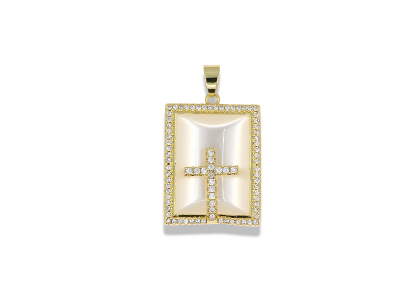 Square Mother of Pearl Medal Pendant with Pavé Cross