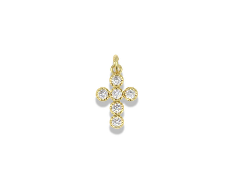 Mini Gold Cross Pendant with Round Crystal Accents