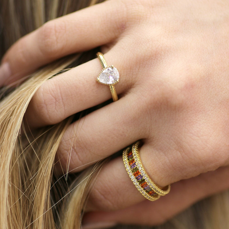 GOLD TEARDROP SOLITAIRE RING WITH ZIRCONIA- ELEGANT ADJUSTABLE RING FOR WOMEN