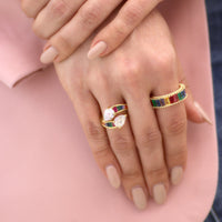 GOLD DOUBLE TEARDROP BYPASS RING WITH CZ SYONE & MULTICOLOR CRYSTAL