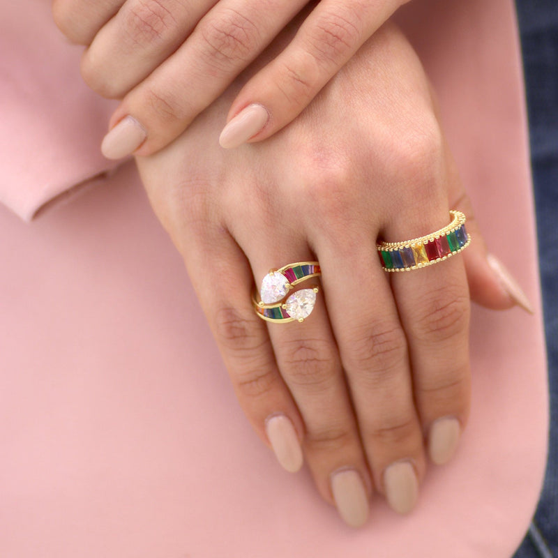 GOLD DOUBLE TEARDROP BYPASS RING WITH CZ SYONE & MULTICOLOR CRYSTAL