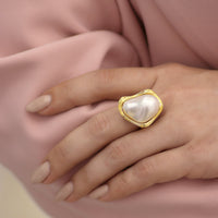 Gold Abstract Pearl Ring – Adjustable Statement Design