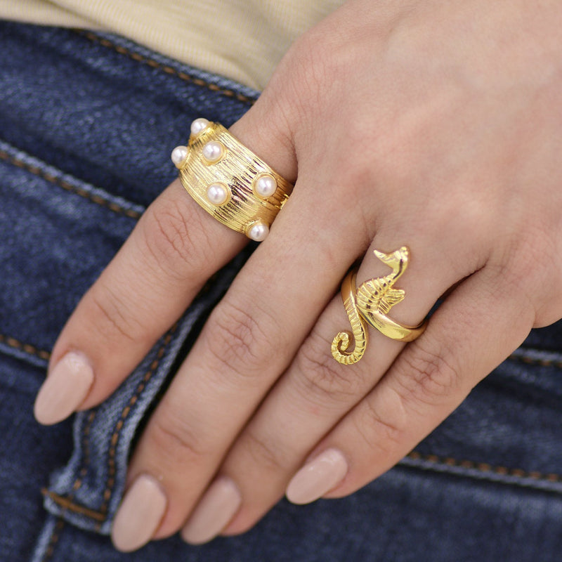Wide Textured Gold Ring with Mini Pearls – Adjustable Design