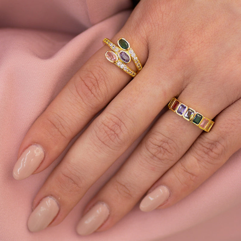 Adjustable Gold Multicolor Crystal Ring – Square Cut Colorful Zircon Statement Band for Women