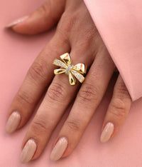 GOLD BOW RING WITH PAVE ZIRCONIA - ELEGANT ADJUSTABLE WOMEN'S RING