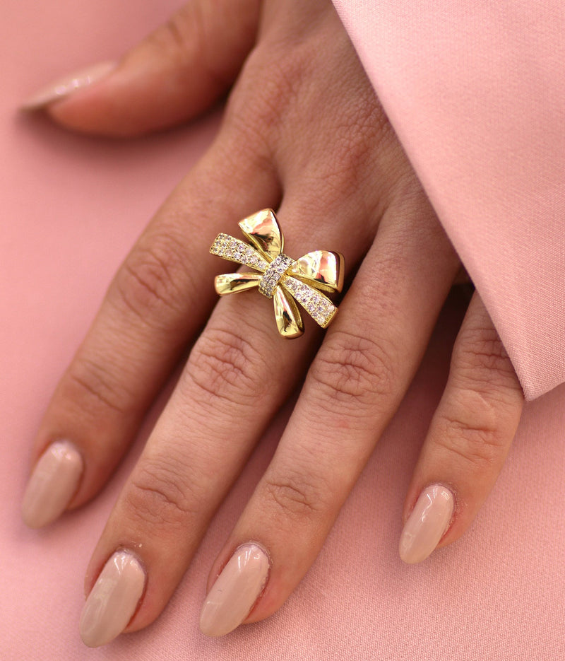GOLD BOW RING WITH PAVE ZIRCONIA - ELEGANT ADJUSTABLE WOMEN'S RING