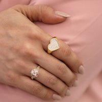 Double Zircon Solitaire Ring – Round & Square Stone Pavé Zigzag Band Adjustable Ring