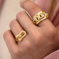 Gold Chain Link Ring with Pavé Cubic Zirconia