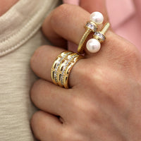 Open Gold Rope Texture Ring with Pearl and CZ Accents – Adjustable