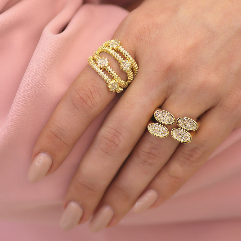 Textured Multi-Strand Gold Ring with CZ Stars – Adjustable