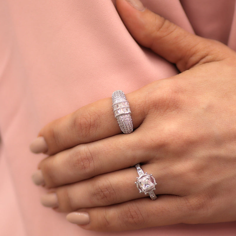 Silver Baguette & Pavé CZ Ring – Statement Adjustable Band