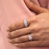Double Zircon Solitaire Ring – Round & Square Stone Pavé Zigzag Band Adjustable Ring