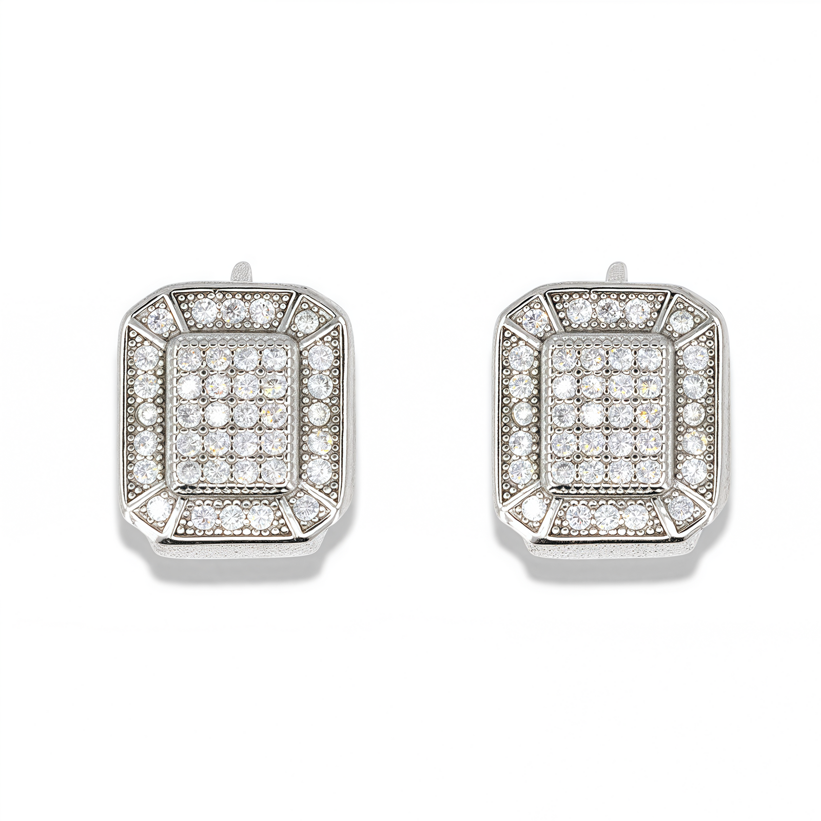 Square Pavé Huggie Earrings – Rhodium Plated