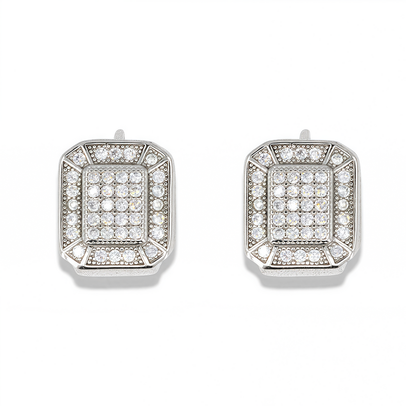 Square Pavé Huggie Earrings – Rhodium Plated
