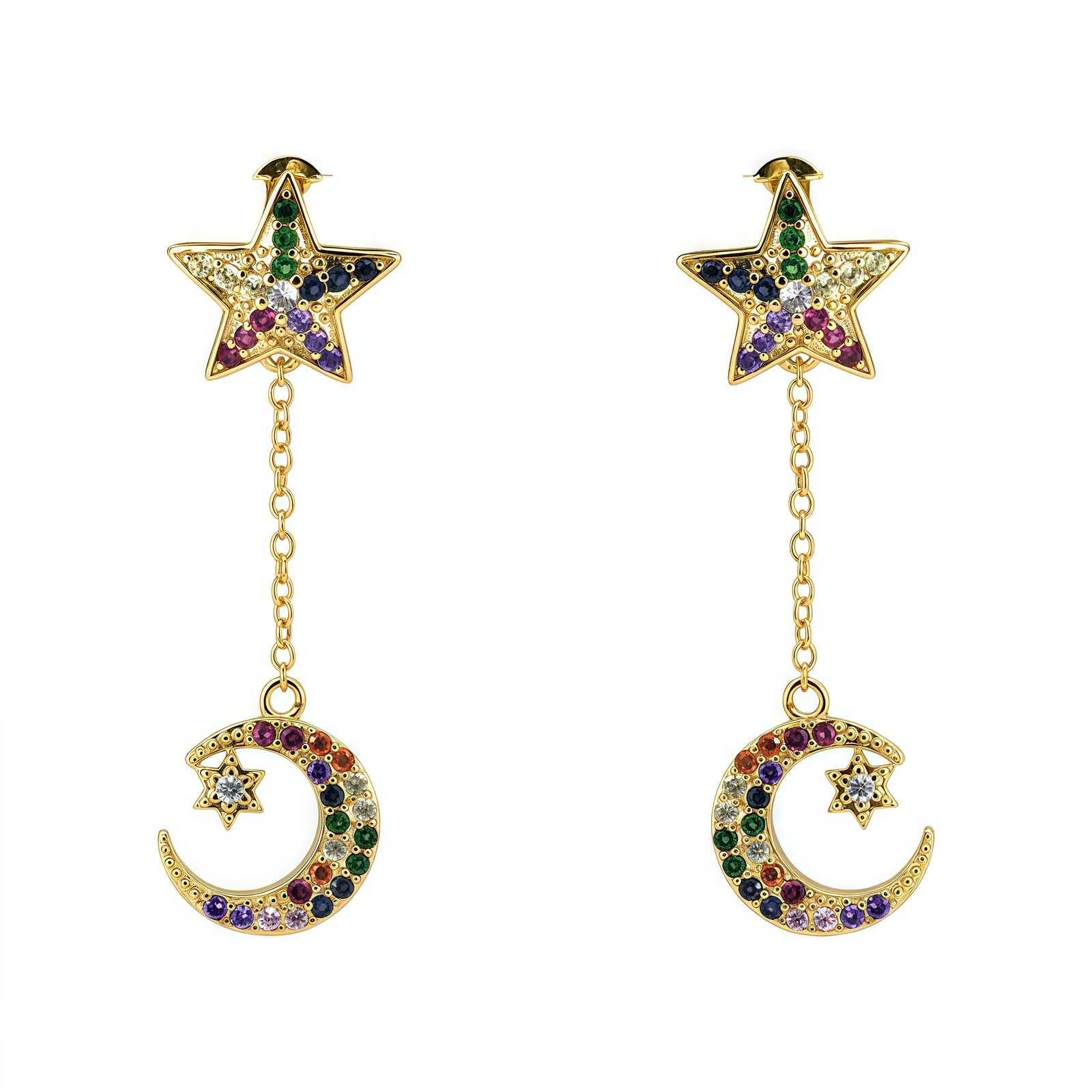 Celestial Moon & Star Drop Earrings – 14K Gold Filled