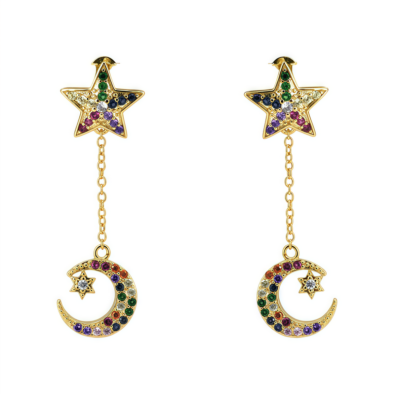 Celestial Moon & Star Drop Earrings – 14K Gold Filled