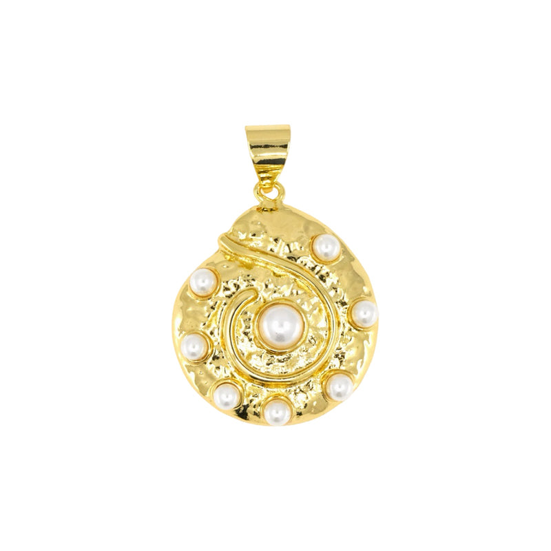 Gold Large Conch Shell Pendant with Pearl Details