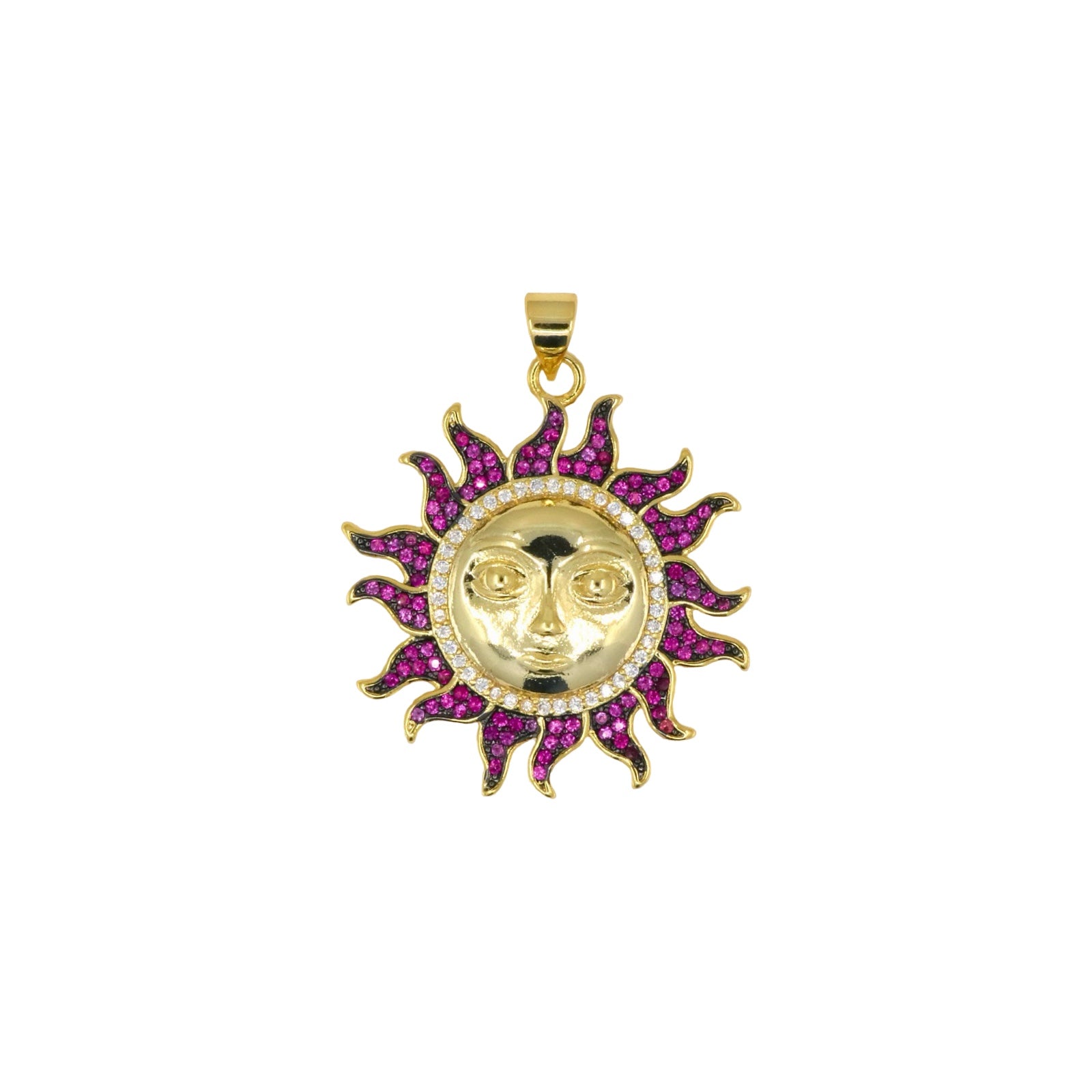 Golden Sun Face Pendant with Fuchsia Pavé Rays