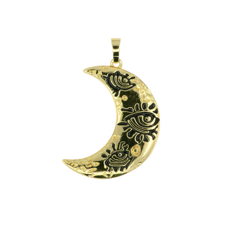 Large Gold Moon Pendant with Hand-Painted Eye Detail