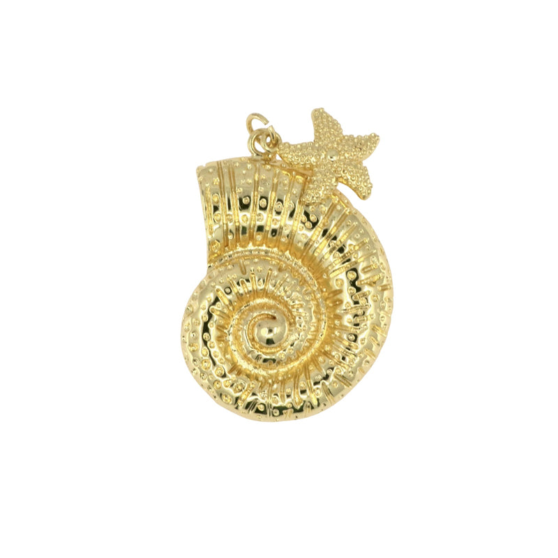 Large Gold Conch Shell Pendant with Starfish Accent