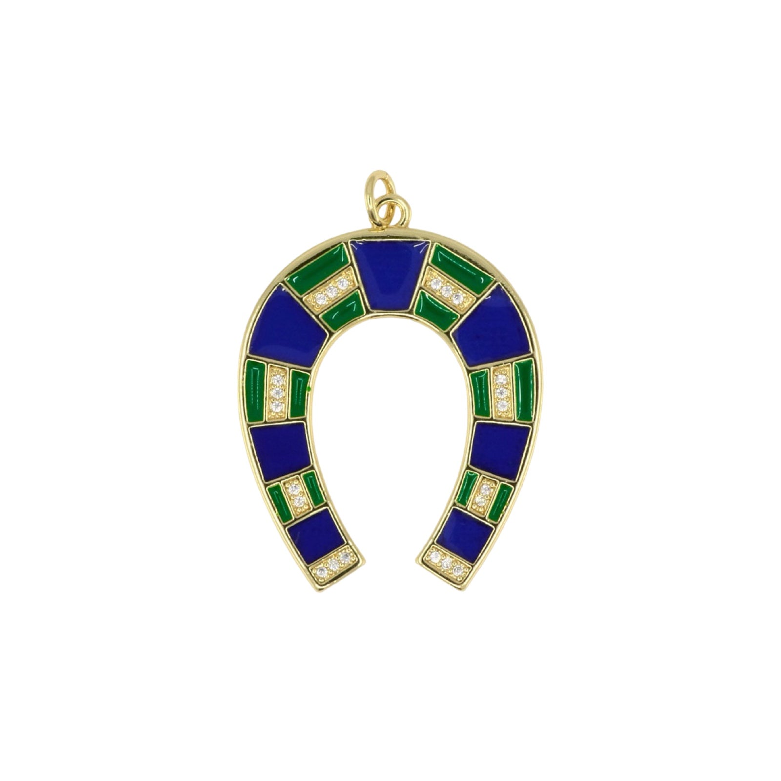 Blue & Green Enamel Horseshoe Pendant with Pavé Details
