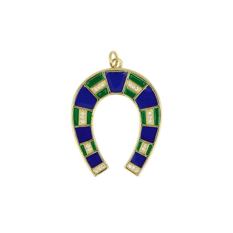 Blue & Green Enamel Horseshoe Pendant with Pavé Details