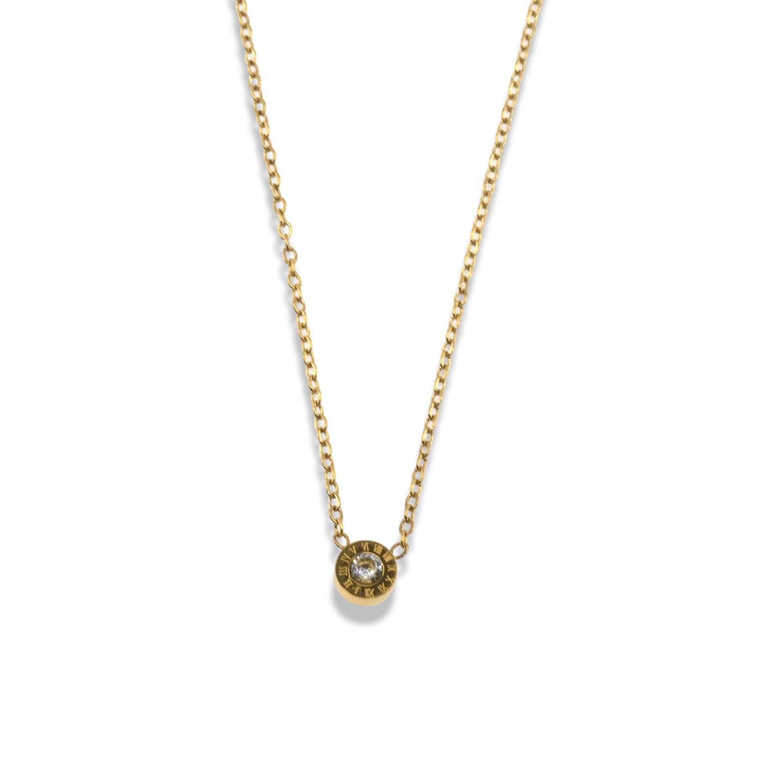 Gold Roman Numeral Crystal Circle Necklace in Stainless Steel