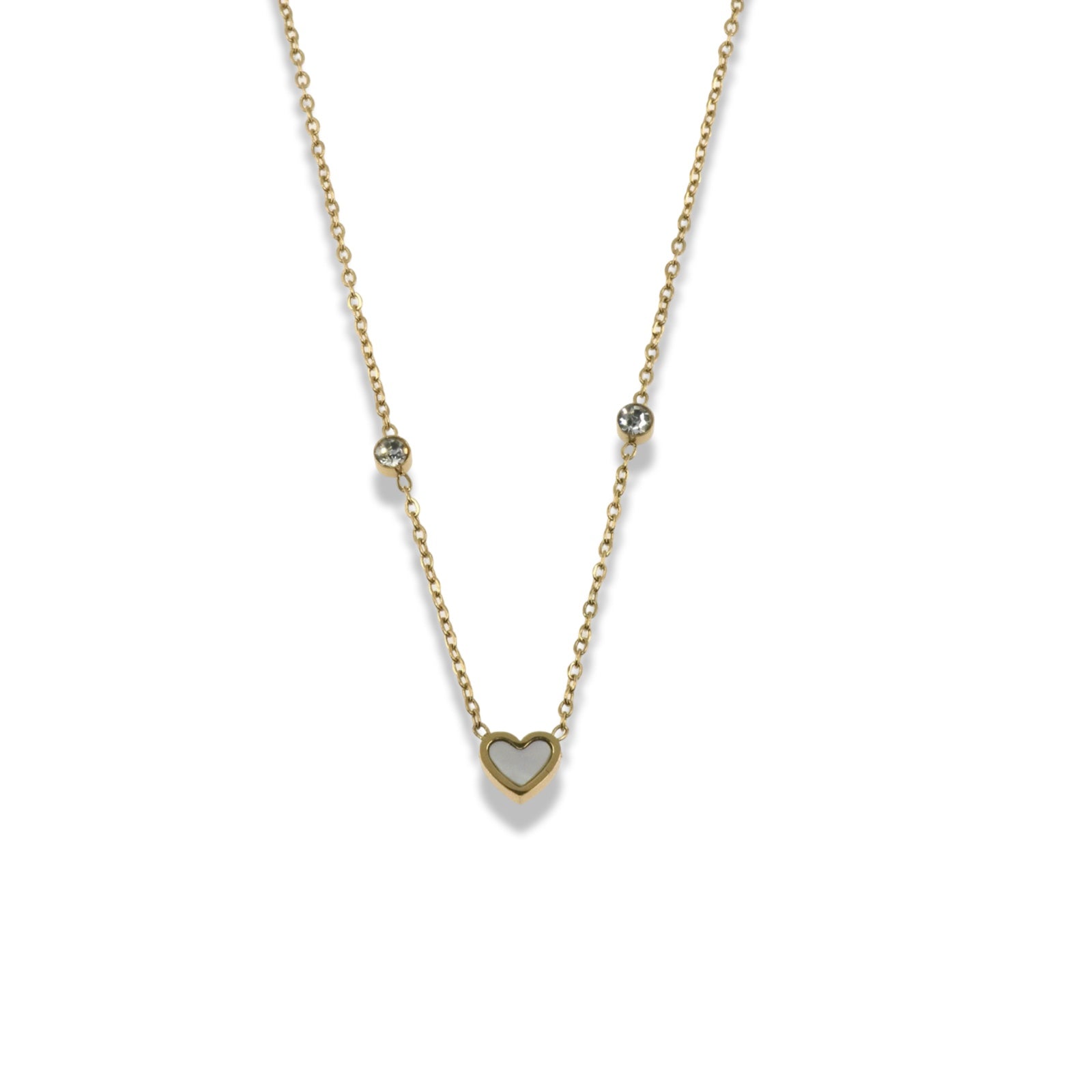 Mother of Pearl Heart Necklace with Crystal Accents in Stainless Steel