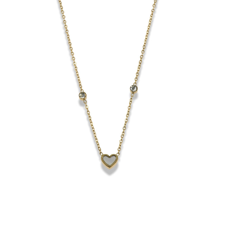 Mother of Pearl Heart Necklace with Crystal Accents in Stainless Steel
